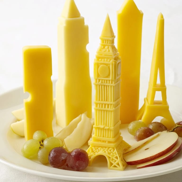 Elegant arrangement: The Skyline Silhouette cheese display offers textured cheese buildings paired with fresh fruit.