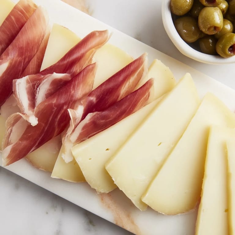 A vibrant cheese board, the Minimalism Master, ready to serve with sliced Comté, ham, and olives.