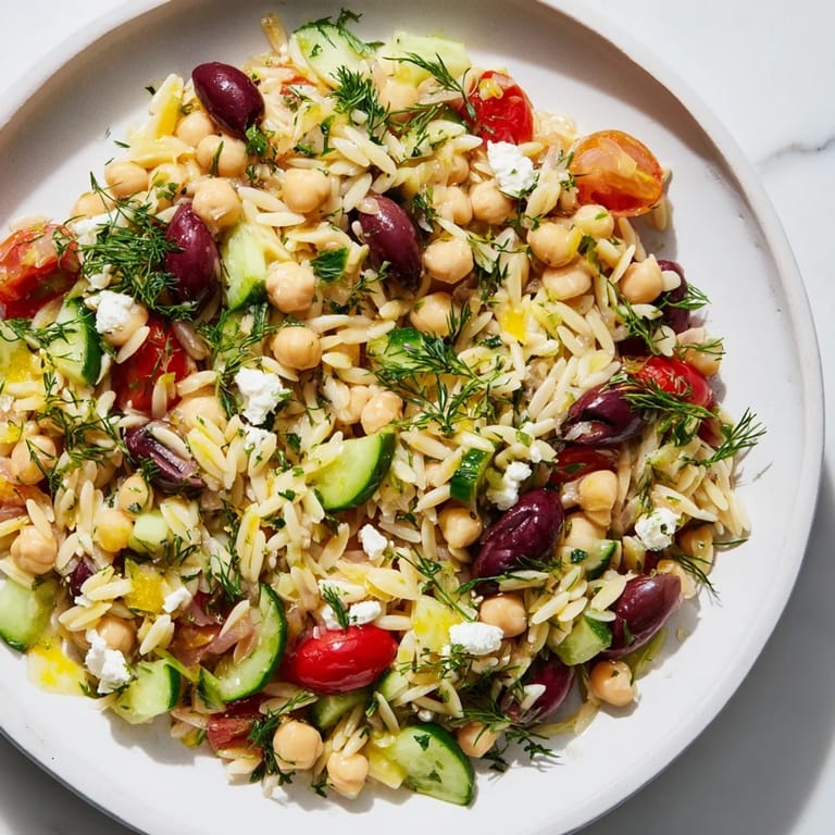 Close-up of a colorful Greek Lemon-Orzo Bean Salad, perfect for a Mediterranean-inspired lunch.
