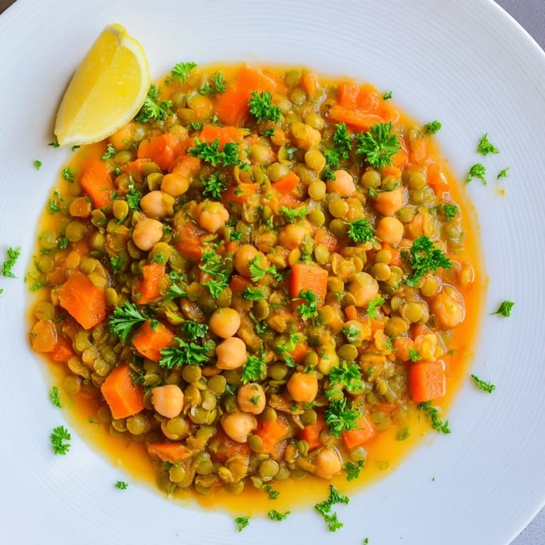 This vibrant Middle Eastern lentil and chickpea stew features a rich, savory broth and tender lentils.