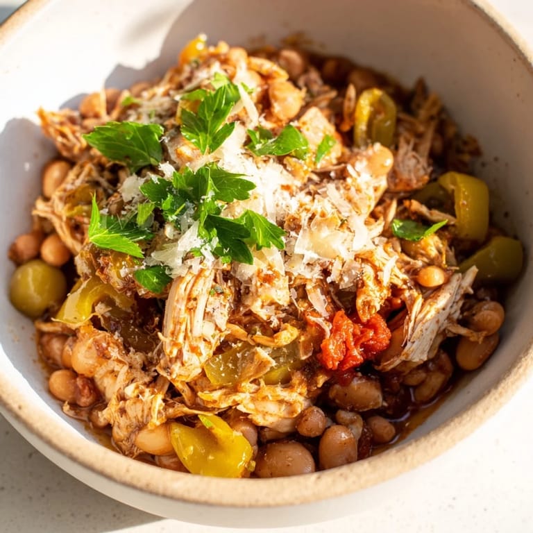Hearty White Bean and Roasted Red Pepper Chicken with tender chicken and vibrant red peppers, ready to eat.
