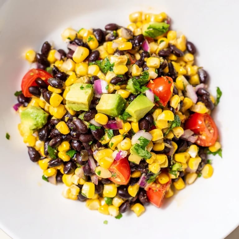 Freshly tossed Southwestern black bean and corn salad, ready to eat with visible red onion and corn.