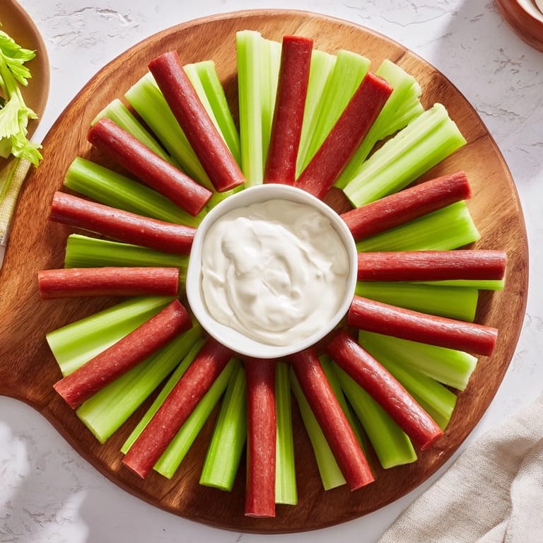 Delicious The Rustic Wheel appetizer, a beautiful arrangement of colorful vegetables and savory meat sticks.