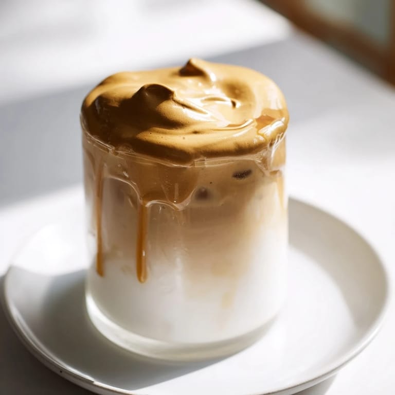 Ice cubes peek through a brown sugar Dalgona latte, garnished with cinnamon for added warmth.