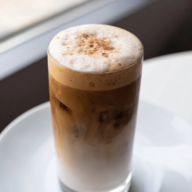 An incredibly delicious Iced Brown Sugar Oat Latte; a chilled, beautifully layered coffee beverage with oat milk.