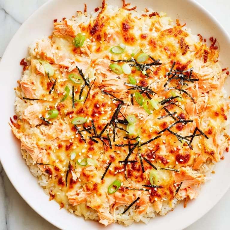 Warm and savory Creamy Salmon Sushi Bake topped with sesame seeds, perfect for sharing at a meal.