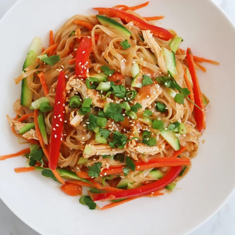 Enjoy the savory sesame glaze coating this delicious Chilled Chicken Noodle Salad, ready to be served cold.