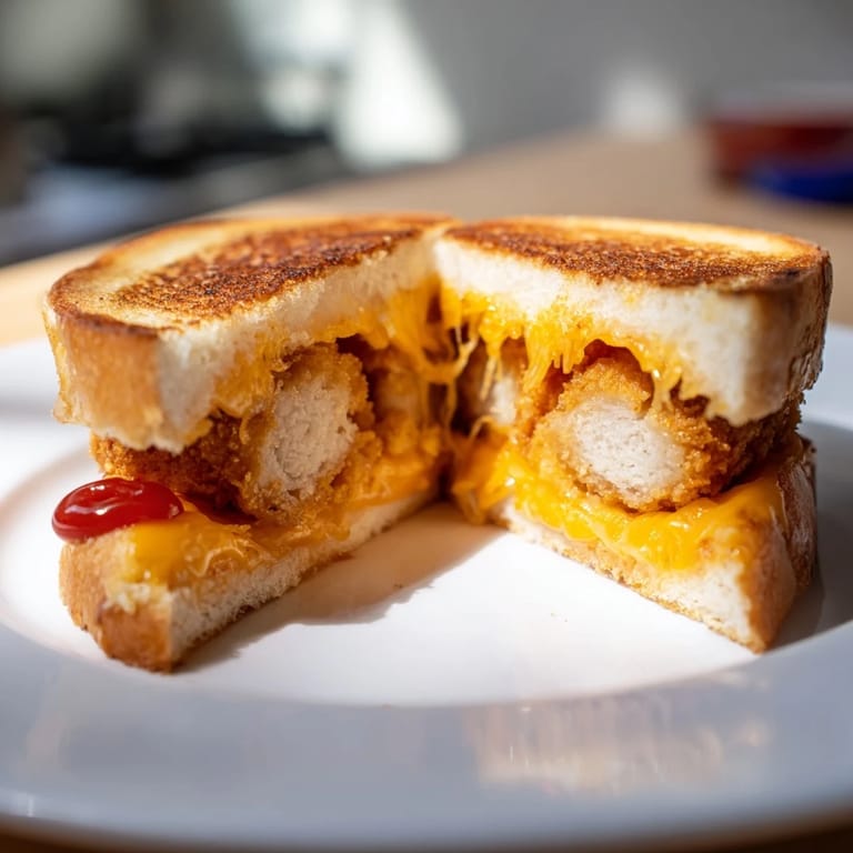 A warm, comforting Chicken Nugget Grilled Cheese, perfect with crisp edges and bubbly, cheesy goodness.