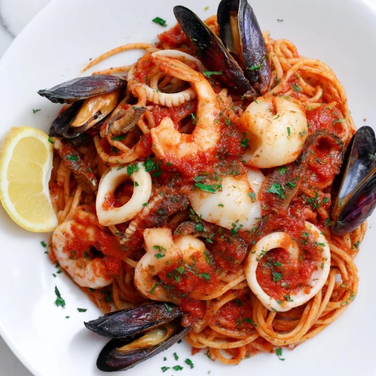 A beautiful bowl with Seafood Marinara Pasta, garnished with fresh parsley and lemon wedges for serving.