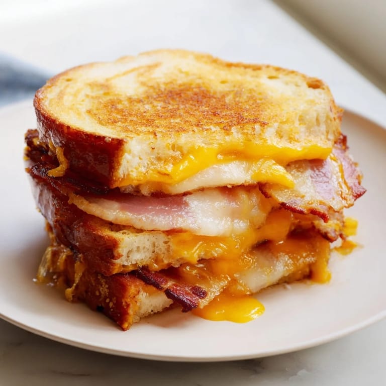 A close-up of a perfectly grilled Crispy Bacon Cheddar Grilled Cheese with melted cheese oozing from the bread.