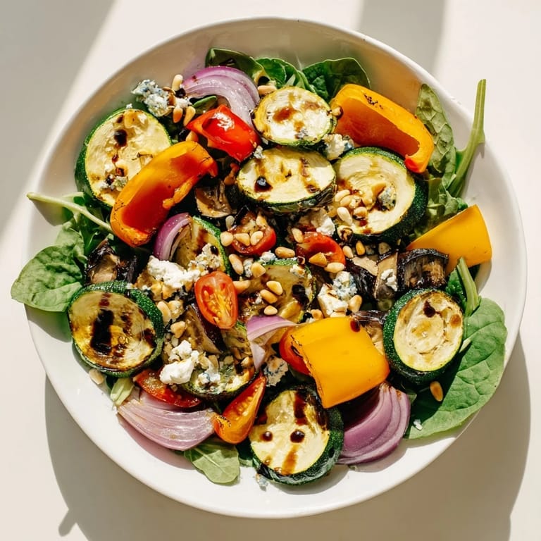 Enjoy this warm or cold Roasted Vegetable Salad, with toasted nuts and tangy balsamic dressing.