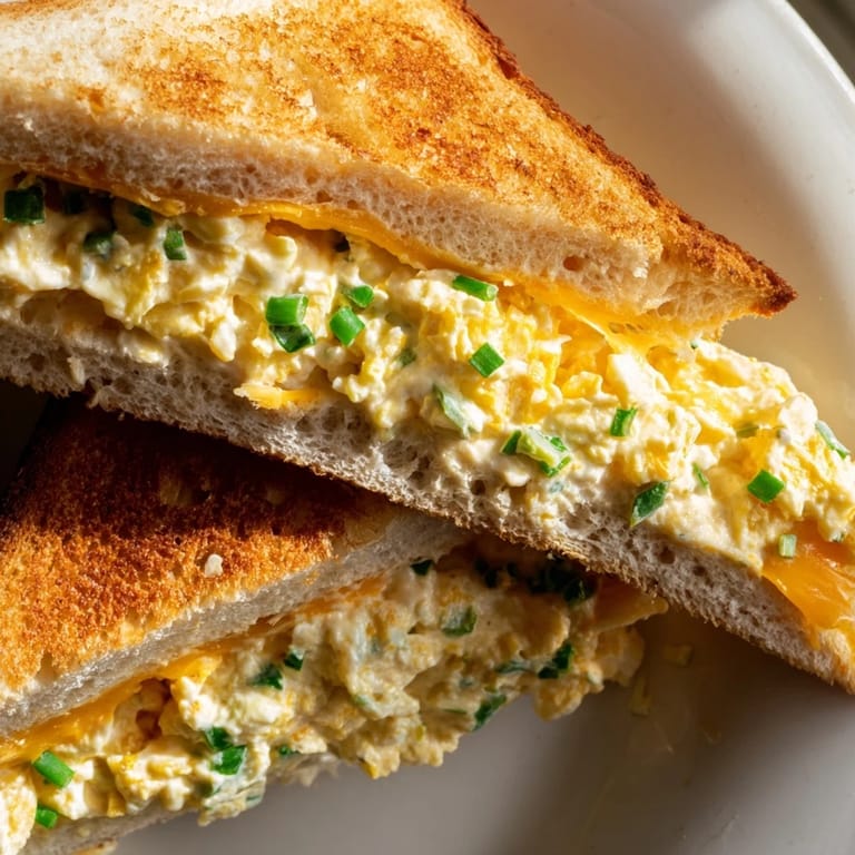 Tangy egg salad filling the inside of a delicious Egg Salad Grilled Cheese, grilled golden brown.