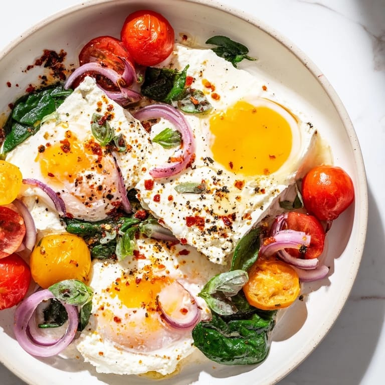 A close-up of baked feta eggs, a Mediterranean breakfast with soft feta, tomatoes, and runny yolks.
