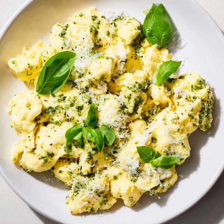 Bright green pesto swirling through creamy Pesto Cottage Cheese Eggs, ready for a healthy breakfast.