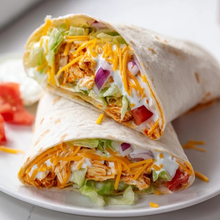 A folded Buffalo Chicken Wrap, showcasing layers of creamy ranch, spicy chicken, and crunchy vegetables.
