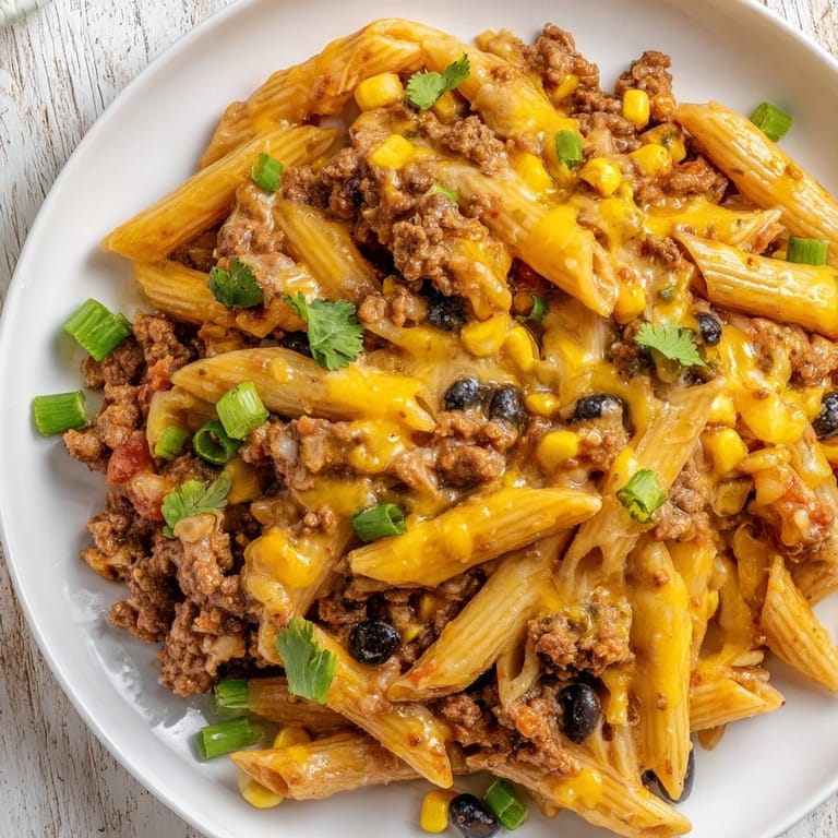 Enjoy a family-friendly view of bubbling Cheesy Taco Pasta, perfect for a weeknight dinner.