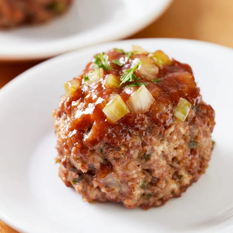 Plated mini meatloaf bites with a glossy glaze, ready to serve with a side of mashed potatoes.