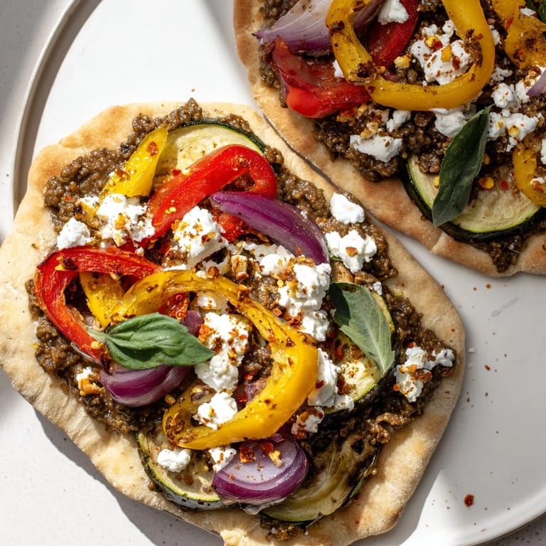 Homemade naan bread pizza with tangy olive tapenade, a Mediterranean flavor sensation.
