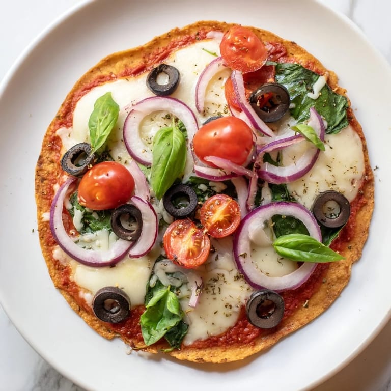 This simple Crispy Tortilla Pizza shows off bubbly mozzarella and colorful vegetables baked to perfection.