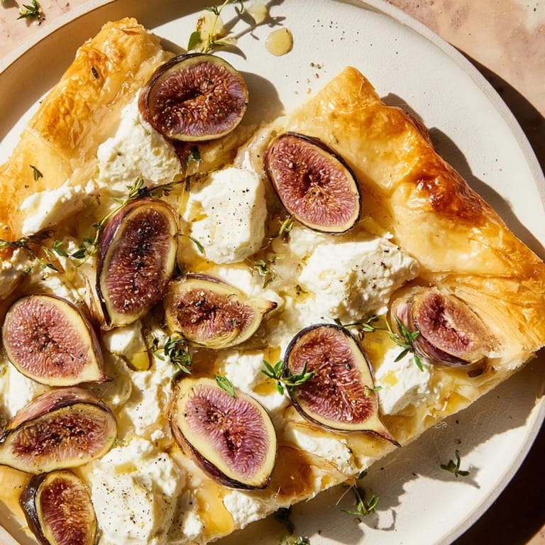 Delectable close-up of a puff pastry truffle pizza, showcasing sweet figs and melted goat cheese.