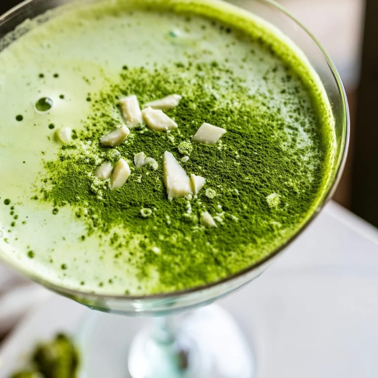 The creamy Matcha Martini cocktail showcases its bright green hue and frothy texture beside a cocktail shaker.