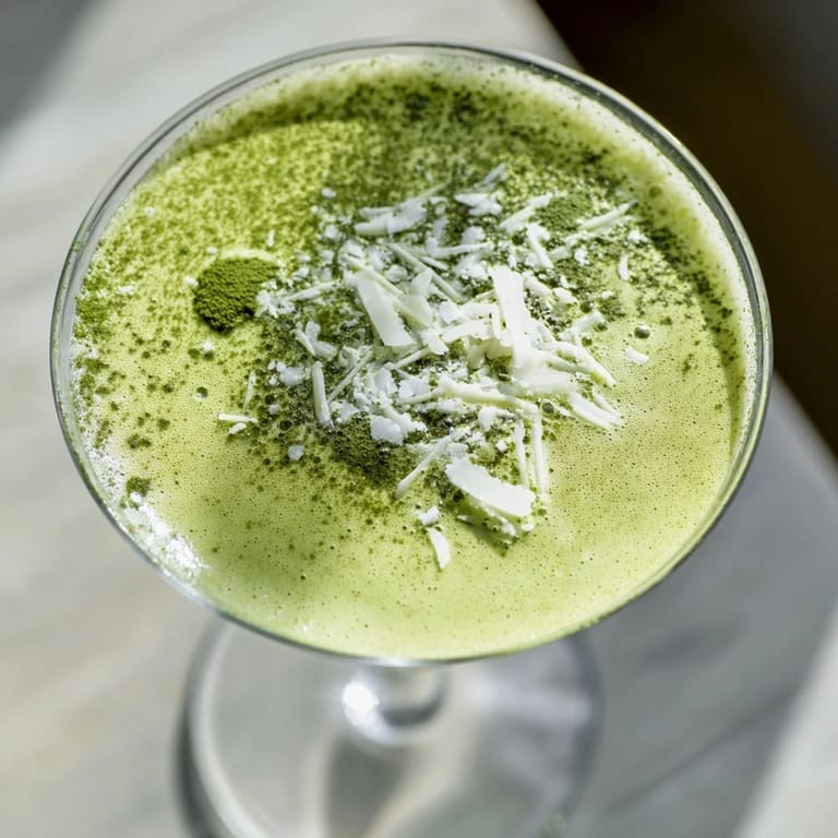 Ready to serve Matcha Martini cocktail with a white chocolate shavings garnish on a textured napkin.