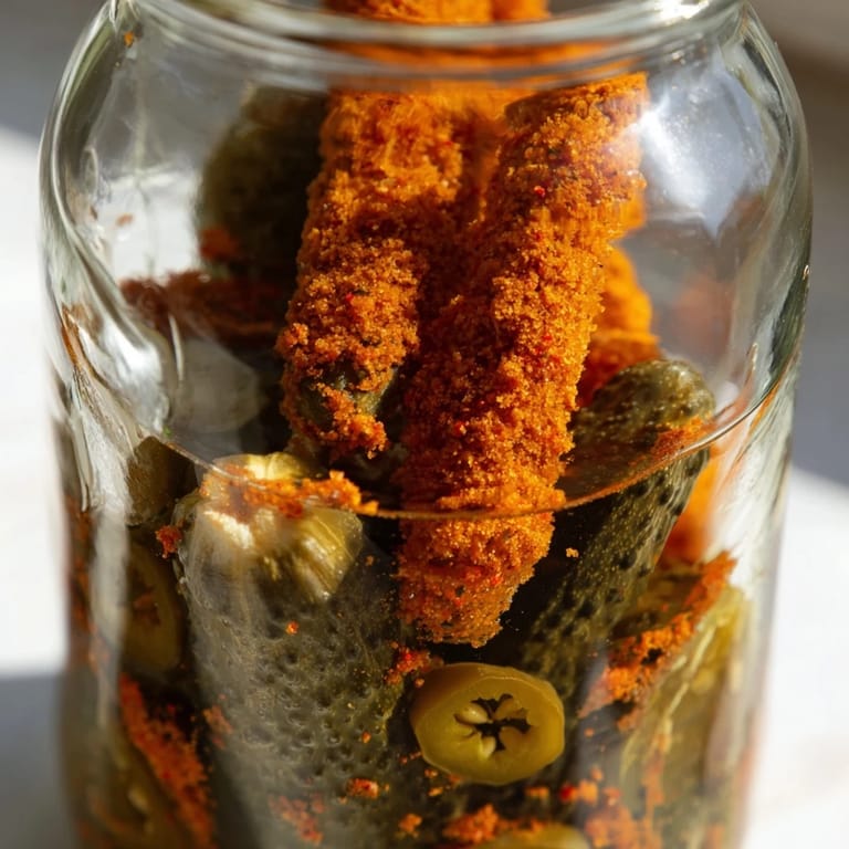 Homemade taco pickles with vibrant spices, ready to serve chilled after 24 hours of marinating.