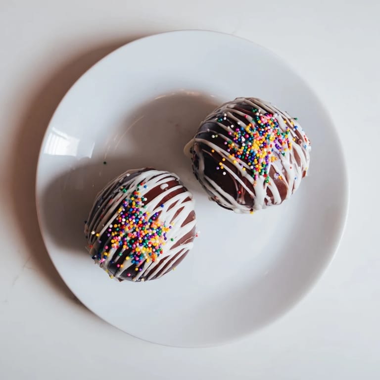 Close-up view of two dark chocolate spheres drizzled with white chocolate and sprinkles, sitting on a rustic wooden surface for a festive dessert presentation.  