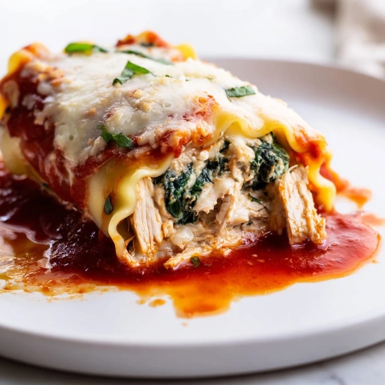 Creamy ricotta, spinach, and shredded chicken fill tender pasta rolls, bubbling with marinara sauce and Parmesan.  