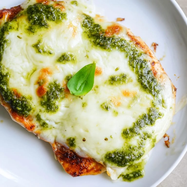 Pesto chicken melt served hot on ciabatta, with basil leaves and melted mozzarella on golden bread.