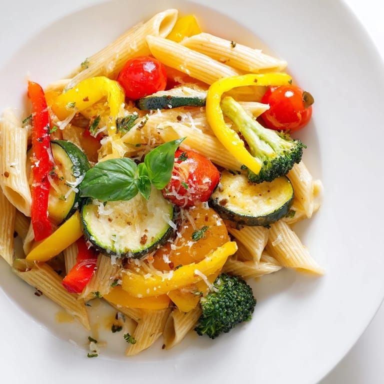A beautifully plated serving of Pasta Primavera, highlighting golden-tossed vegetables, al dente pasta, and a sprinkle of Parmesan for a fresh, weeknight meal.