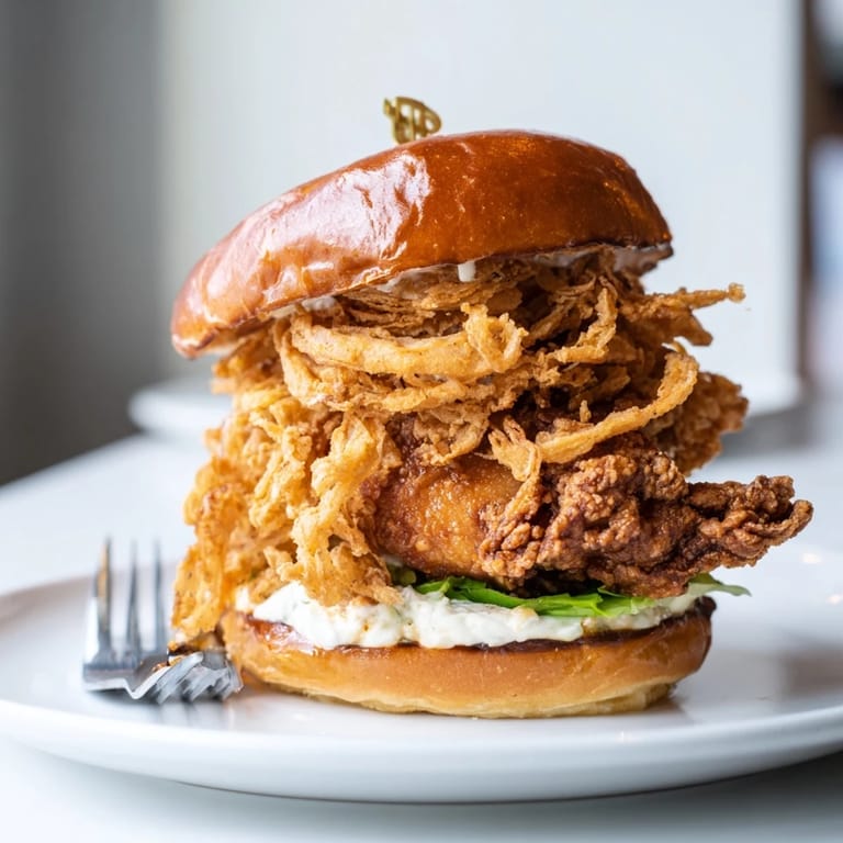 Homemade Crispy Onion Chicken Sandwich with golden chicken thighs and crunchy onion topping.