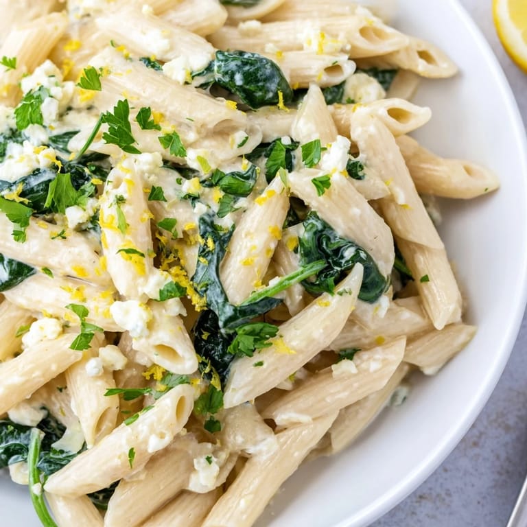 A close-up of Creamy Feta Spinach Pasta glistening with olive oil, garlic, and chili flakes, ready to be enjoyed with a glass of white wine.