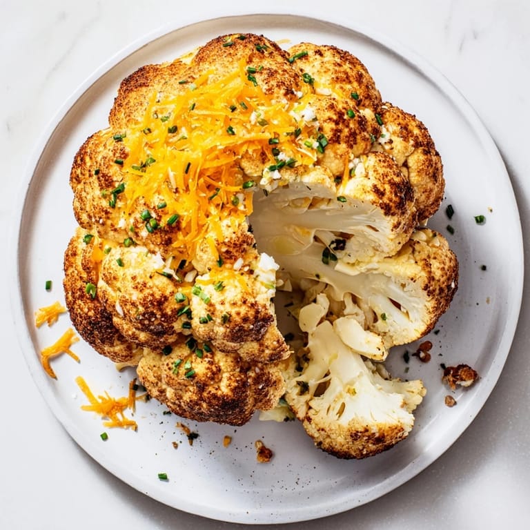 Vegetarian Cheesy Stuffed Cauliflower Head served as a main dish, sliced to reveal a rich, molten filling.