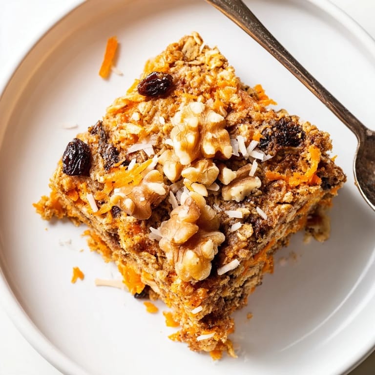 A generous slice of Carrot Cake Baked Oatmeal on a rustic plate, topped with a dollop of creamy Greek yogurt and a maple drizzle.