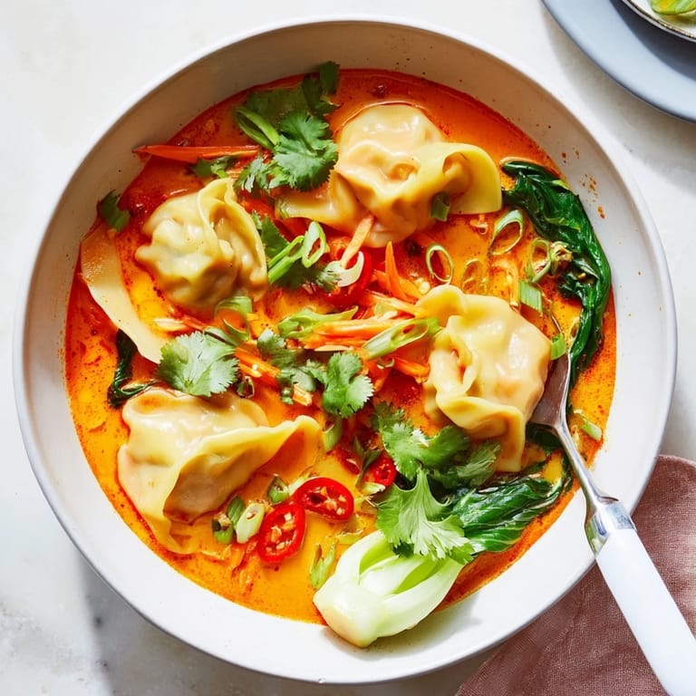 Comforting Red Curry Wonton Soup With Greens with frozen wontons simmering in a fragrant, creamy broth.