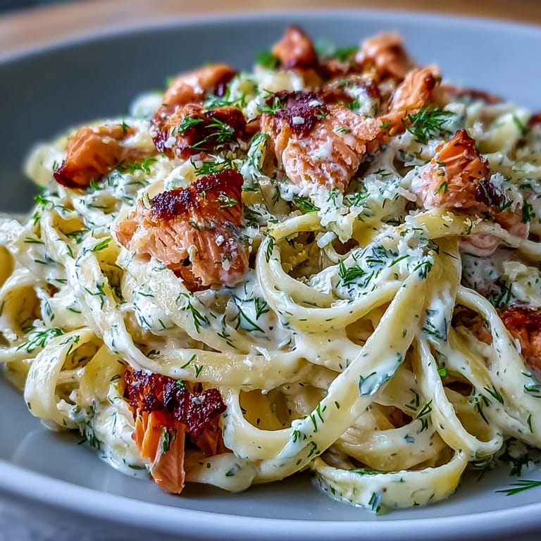Perfectly cooked pasta coated in the best creamy salmon sauce, ready to eat.