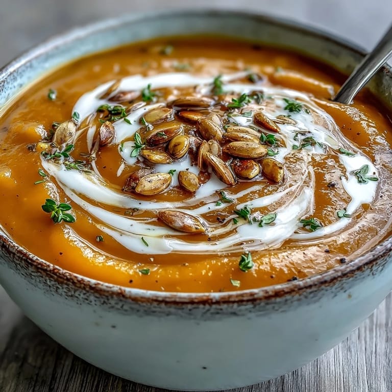 Vibrant bowl of Butternut Squash and Apple Soup swirled with heavy cream, served alongside crusty artisan bread for dipping.