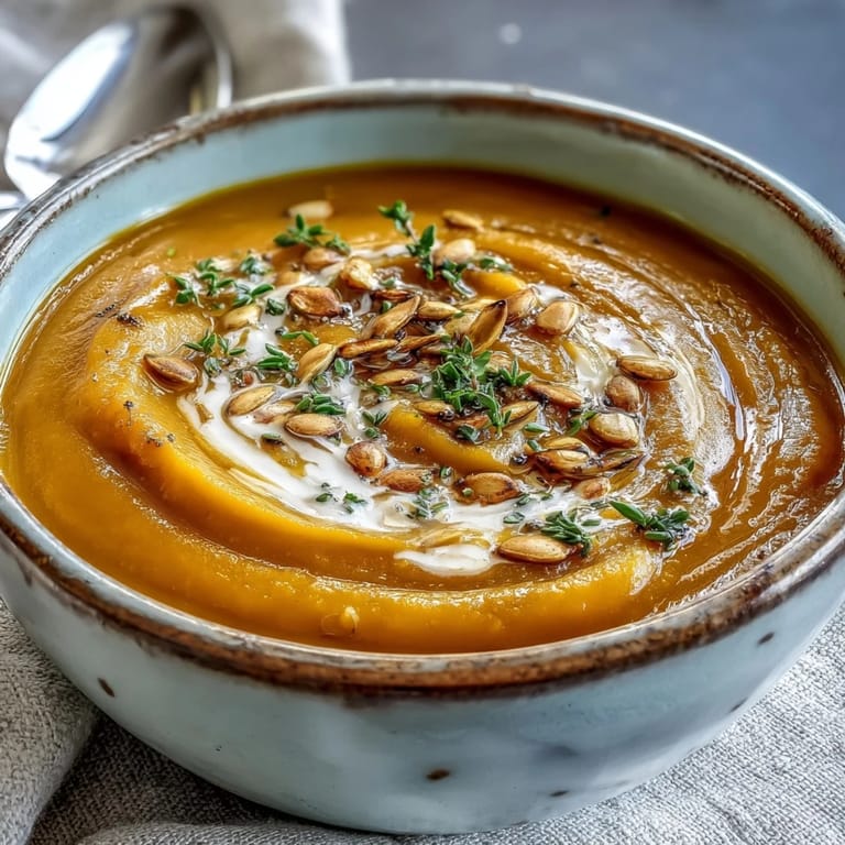 Creamy roasted butternut squash soup topped with pumpkin seeds and a drizzle of cream.