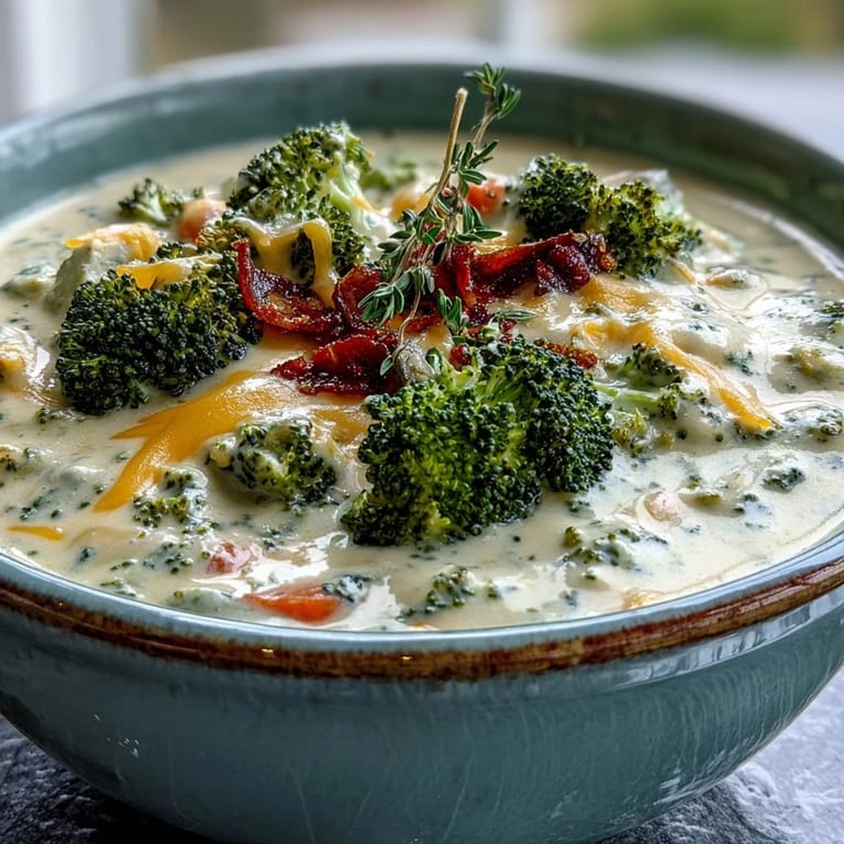 Spoon lifting a serving of Roasted Broccoli Cheddar Soup from a pot, showing smooth texture and herbs.
