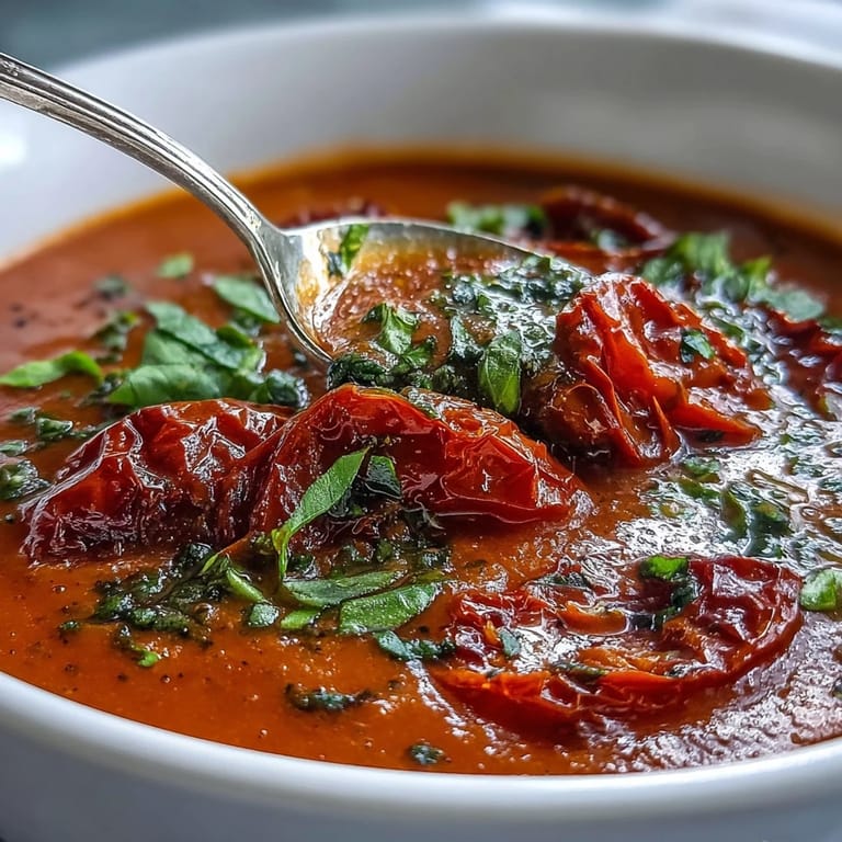Silky Roasted Tomato Basil Soup made with caramelized roasted tomatoes, fresh basil, and a drizzle of cream for cozy comfort.