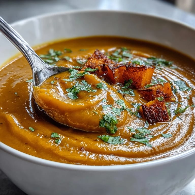 Rustic, cozy shot of roasted butternut squash and lentil soup beside crusty bread, perfect for chilly autumn dinners.