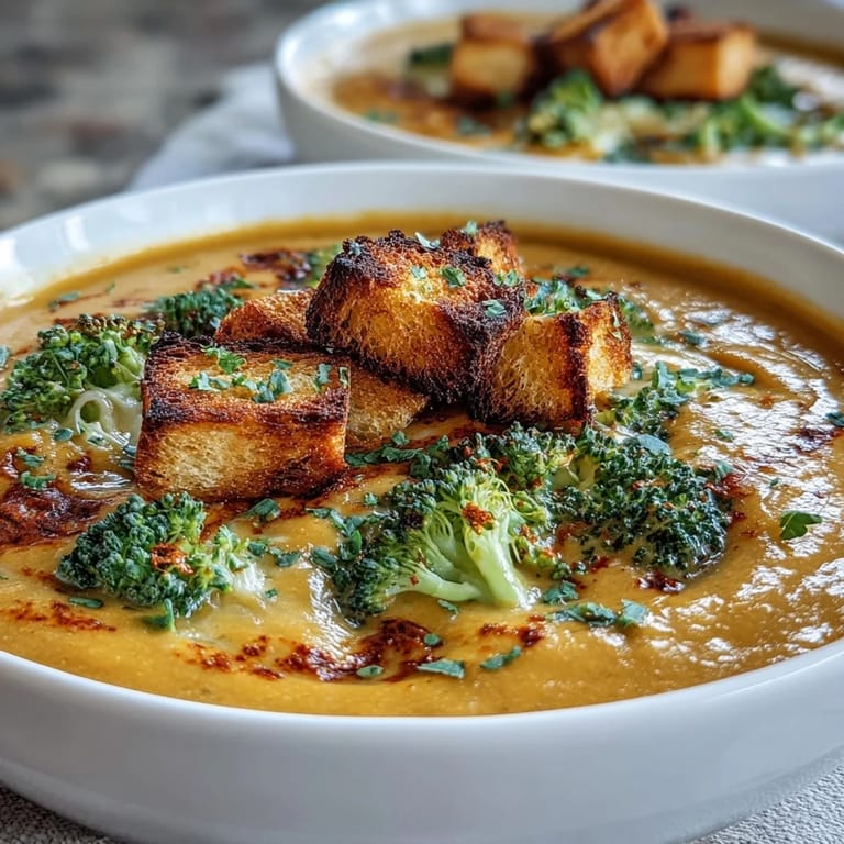 Roasted Butternut Squash Broccoli Cheddar Soup garnished with fresh broccoli florets, served beside crusty artisan bread for dipping.
