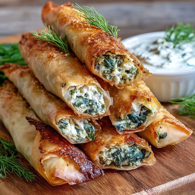 Freshly baked Spanakopita Spring Rolls are arranged neatly on a wooden board, garnished with dill, ready for dipping into a side of tzatziki.
