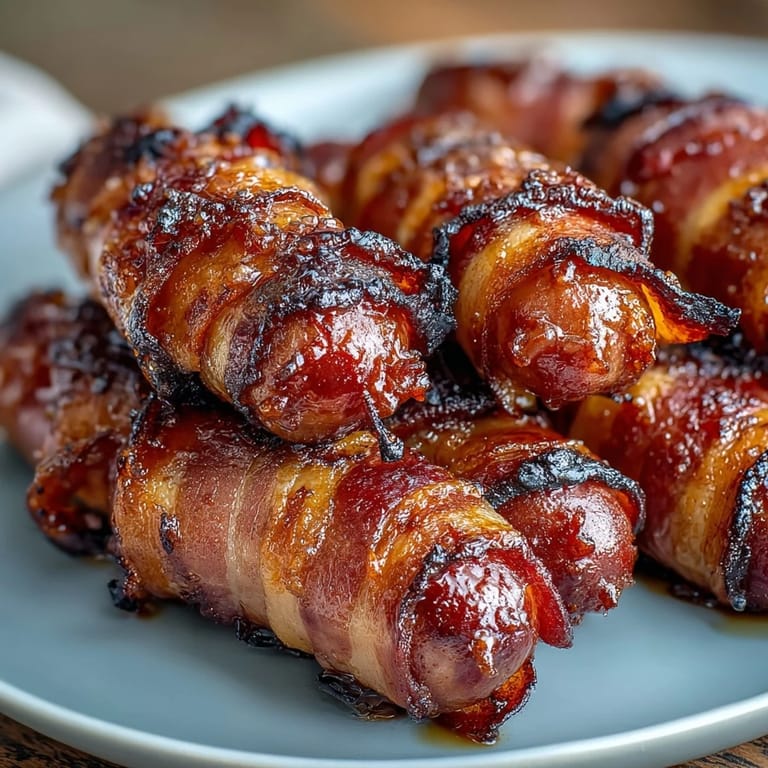 A platter of bacon-wrapped smokies served warm as a perfect party appetizer with toothpicks for easy grabbing.  