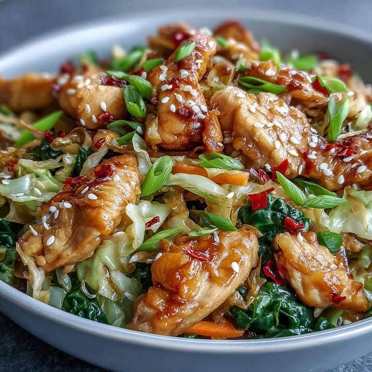 Sizzling skillet of Egg Roll Bowls with Chicken and Cabbage, garnished with sesame seeds and green onions.