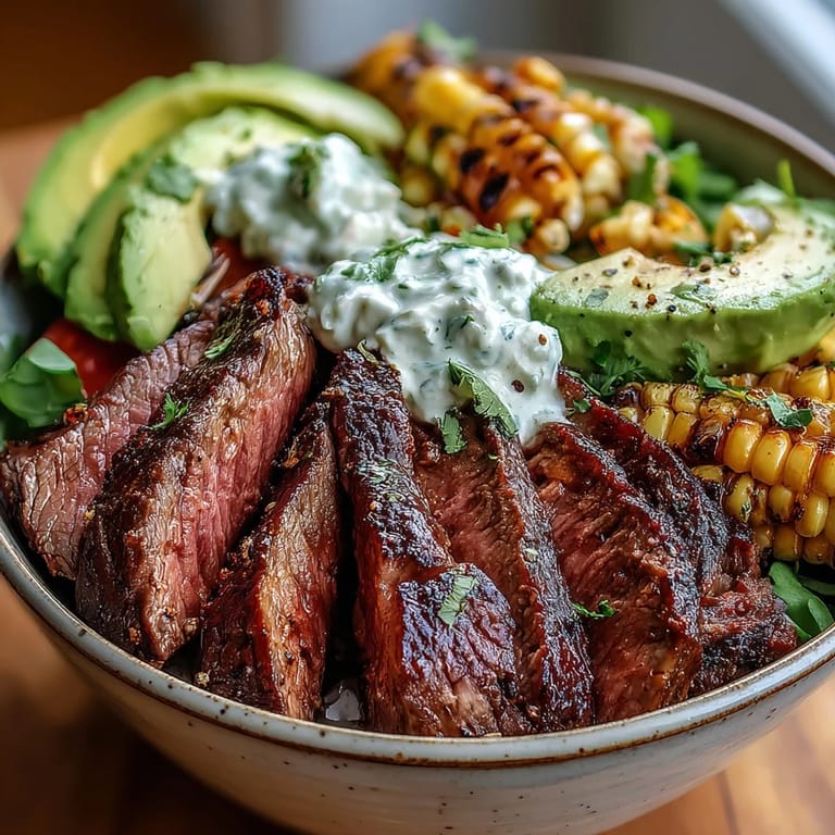 Sizzling flank steak, roasted corn, and avocado pair with zesty cilantro cream sauce for a colorful weeknight dinner bowl.