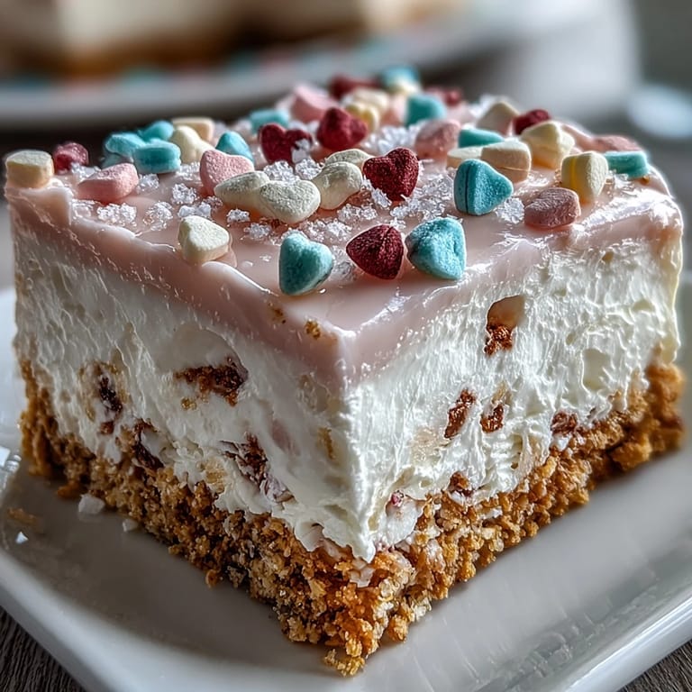 Chilled Candy Hearts Fake Cake features creamy no-bake cheesecake layers, decorated with conversation hearts and a playful candy border.