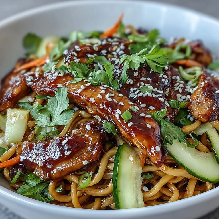 Steaming Asian Chicken Noodle Bowl plated with julienned carrots and cucumbers, drizzled with a savory-sweet sauce and a squeeze of lime.