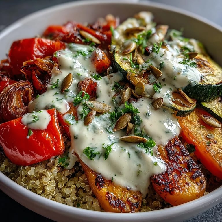 Savory Roasted Vegetable Quinoa Bowl with caramelized vegetables, tender quinoa, and a smooth tahini sauce, garnished with parsley.
